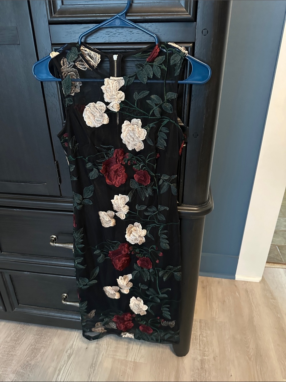 Calvin Klein Black Midi Dress with Dark Red & Cream Floral Embroidery